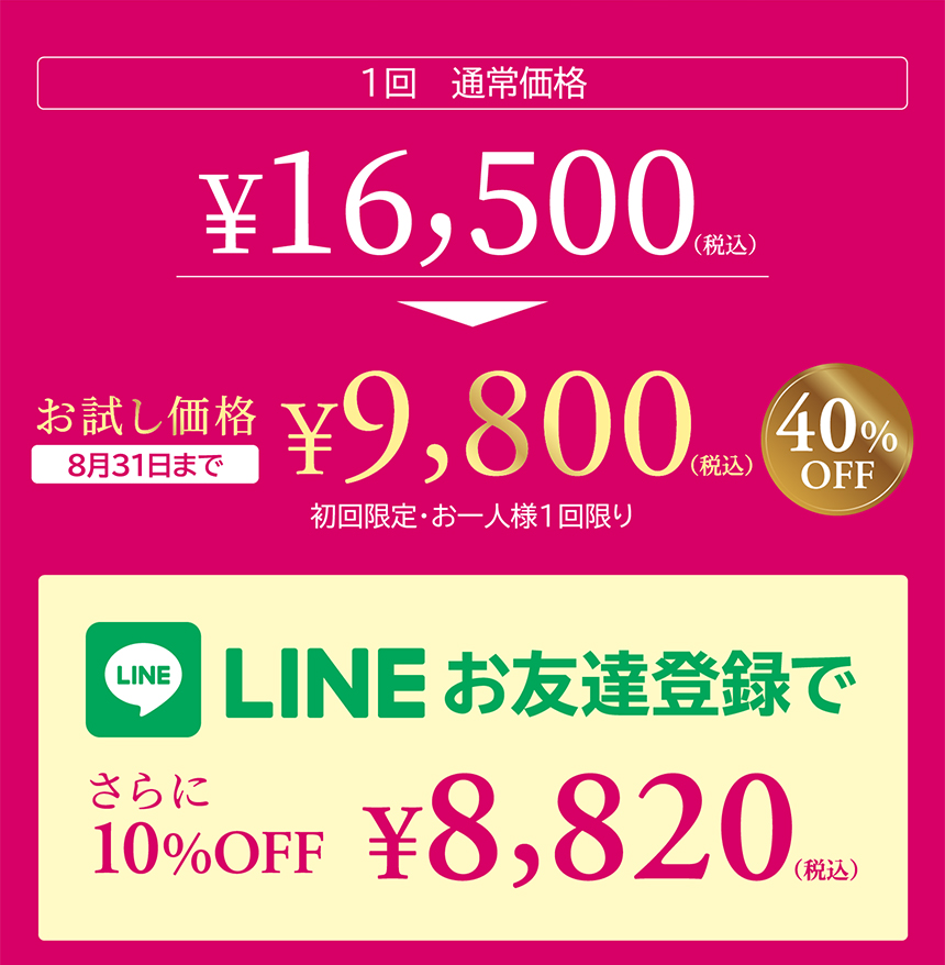 1回通常価格価格 ￥16,500(税込) → お試し価格 ￥9,800(税込) 8月31日まで